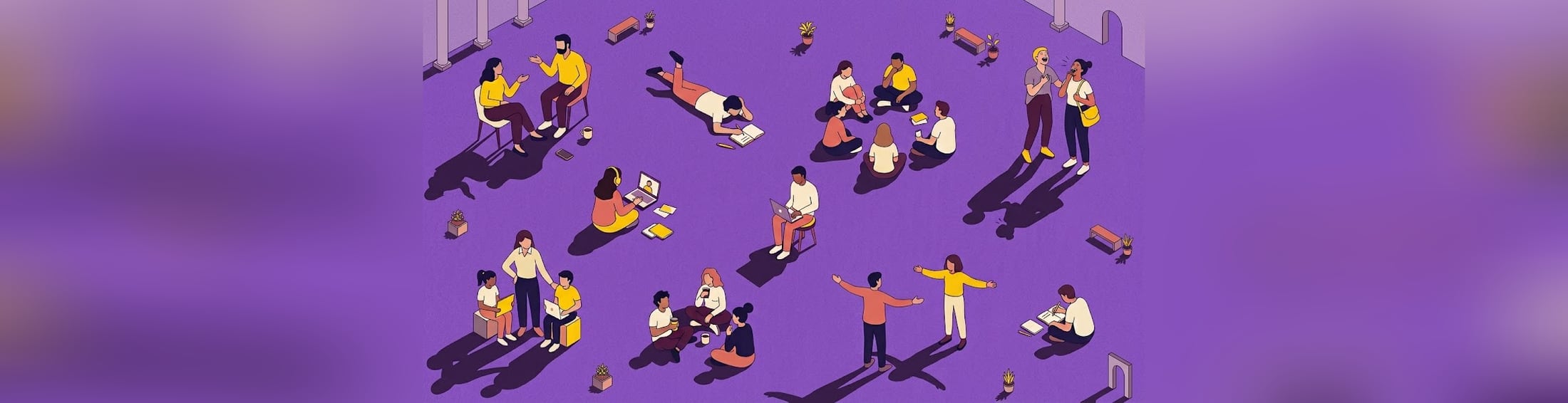 Illustration: Menschen sitzen über eine weite Fläche verteilt in kleinen Gruppen — sie unterhalten sich zu zweit, lernen am Laptop, lesen und üben miteinander